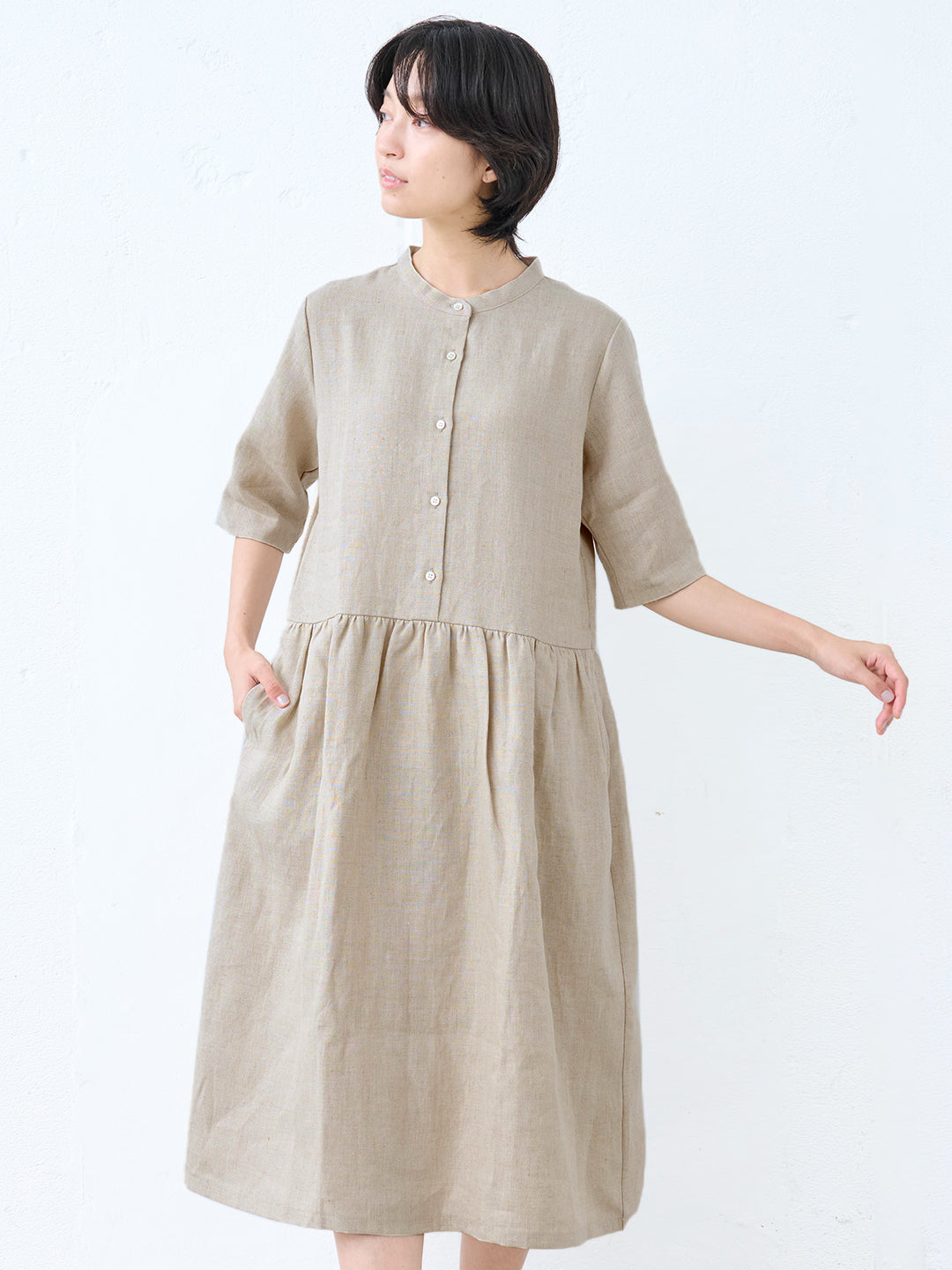 【訳あり大特価 アウトレット品】しっかり厚手 フレンチリネン100% ヘビーキャンバス 切り替えワンピース (飛び込み・織りキズあり)