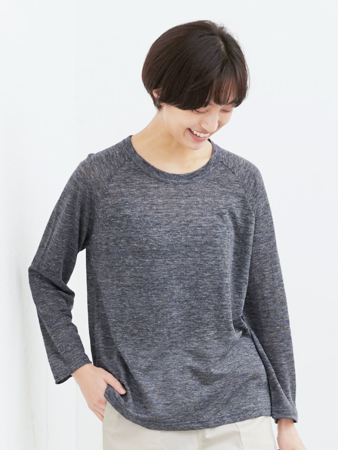 プレミアムリネン100%八分袖ラグラン クルーネックTシャツ