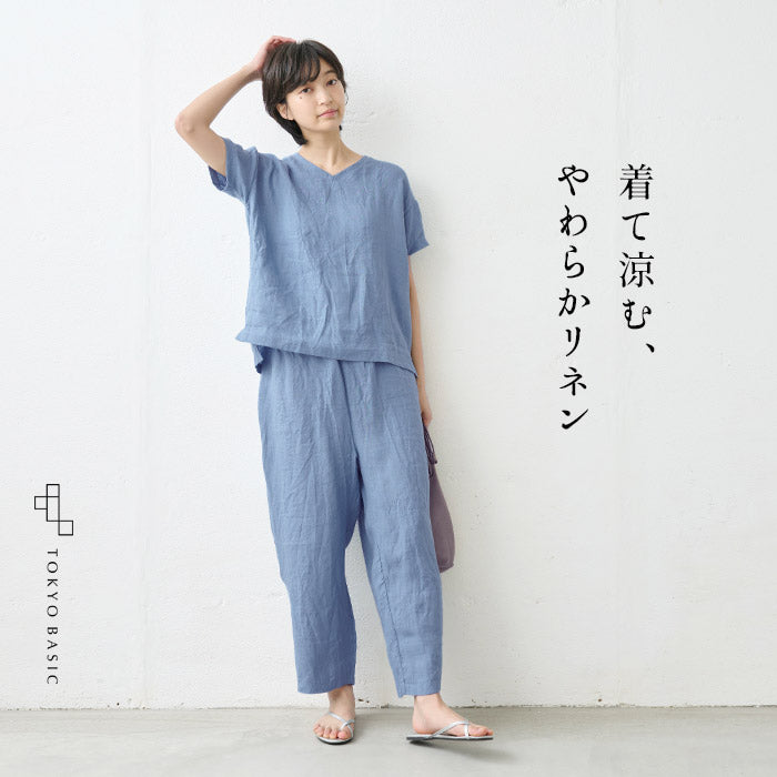60番手 フレンチリネン100% Vネックプルオーバー + ペチパンツ
