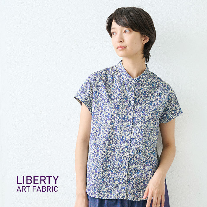 リバティプリント バンドカラー フレンチスリーブシャツ