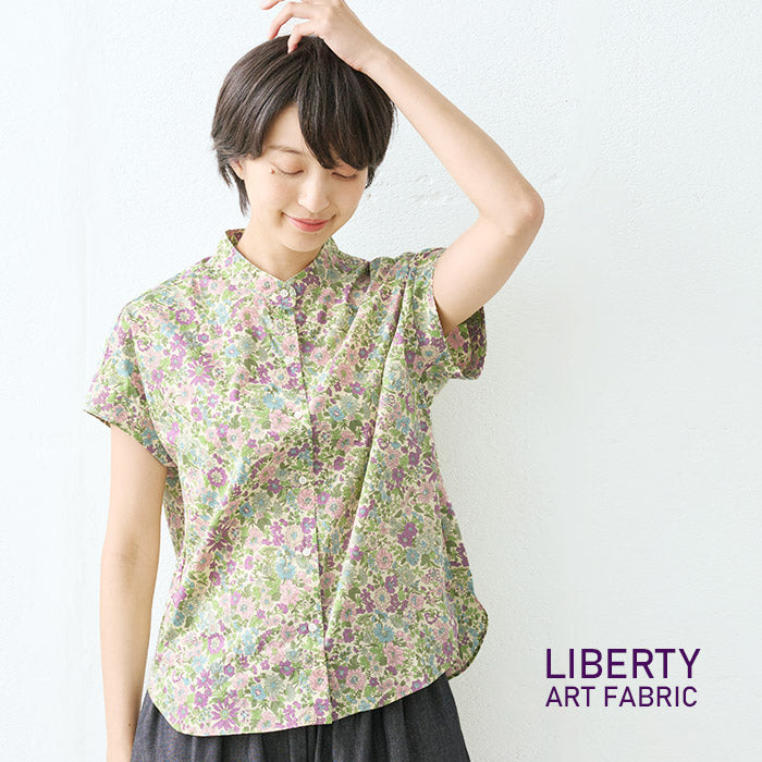 リバティプリント バンドカラー フレンチスリーブシャツ