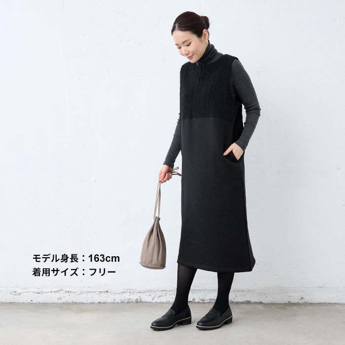 [ジャンパースカート秋冬軽い大人ゆったり50代]キルトジャガード切り替えジャンパースカート/日本製40代60代70代厚手暖かいきれいめキルティングハイウエストジャンスカ体型カバーレイヤードストレッチノースリーブワンピース