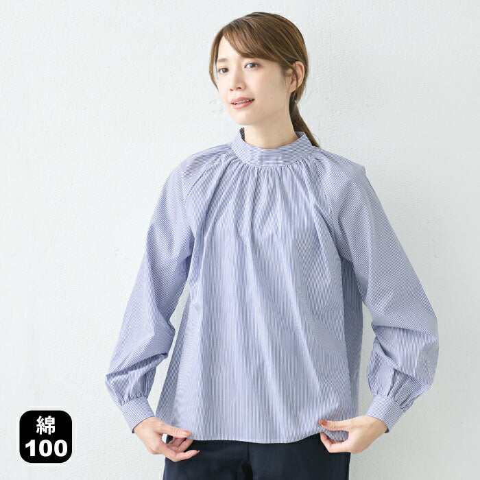コットン100％ ハイネックギャザーブラウス
