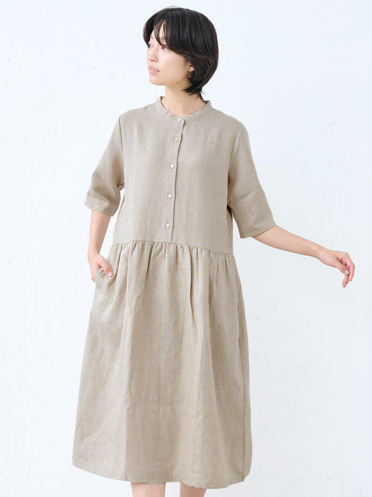 【訳あり大特価 アウトレット品】しっかり厚手 フレンチリネン100％ ヘビーキャンバス 切り替えワンピース (飛び込み・織りキズあり)