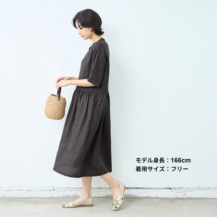 [ワンピース半袖レディースリネン]フレンチリネン切り替えワンピース/日本製50代60代70代ミセスファッションミセスワンピ麻春夏秋きれいめ生成ブラック黒ゆったりギャザー