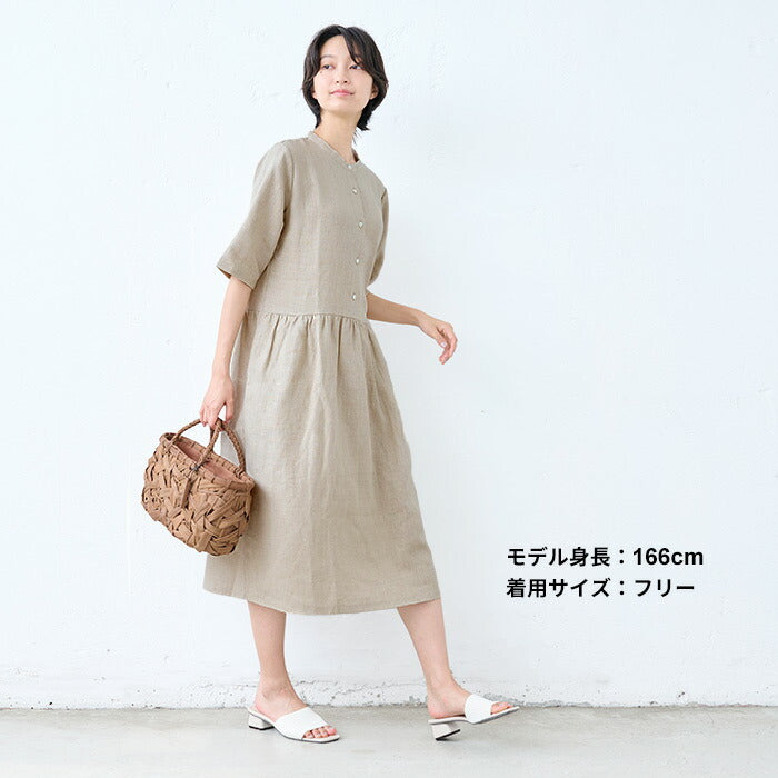 [ワンピース半袖レディースリネン]フレンチリネン切り替えワンピース/日本製50代60代70代ミセスファッションミセスワンピ麻春夏秋きれいめ生成ブラック黒ゆったりギャザー