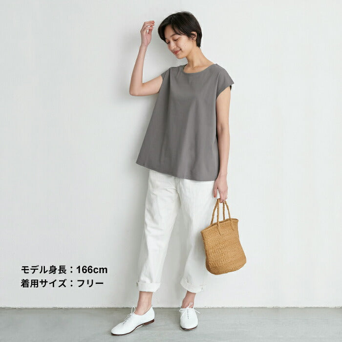 [接触冷感コットンカットソー半袖レディースフレンチスリーブ]強撚糸コットン100%フレアTシャツsozai/日本製メール便可40代50代60代女性ファッション綿100涼しい夏大人服
