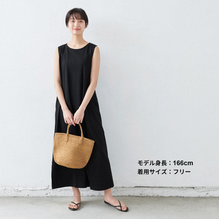 強撚糸コットン100％ ノースリーブ マキシワンピース　ブラック