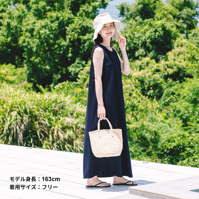 ロングワンピース春夏強撚糸コットンノースリーブマキシワンピース/日本製メール便可40代50代60代女性ファッションレディースマキシワンピース綿100涼しい接触冷感しわになりにくい