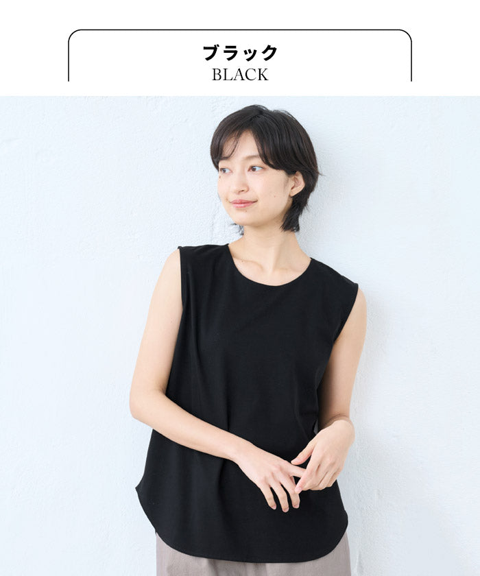[接触冷感ノースリーブtシャツレディースカットソー]強撚コットン100%ノースリーブゆったりプルオーバー/日本製40代50代60代タンクトップ綿100涼しいカジュアル無地接触冷感夏