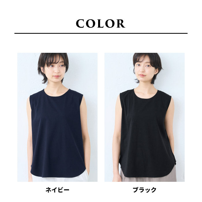 [接触冷感ノースリーブtシャツレディースカットソー]強撚コットン100%ノースリーブゆったりプルオーバー/日本製40代50代60代タンクトップ綿100涼しいカジュアル無地接触冷感夏