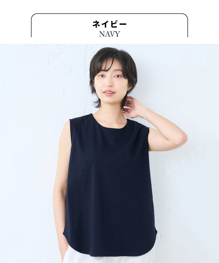 [接触冷感ノースリーブtシャツレディースカットソー]強撚コットン100%ノースリーブゆったりプルオーバー/日本製40代50代60代タンクトップ綿100涼しいカジュアル無地接触冷感夏