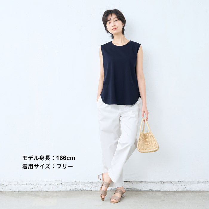 [接触冷感ノースリーブtシャツレディースカットソー]強撚コットン100%ノースリーブゆったりプルオーバー/日本製40代50代60代タンクトップ綿100涼しいカジュアル無地接触冷感夏