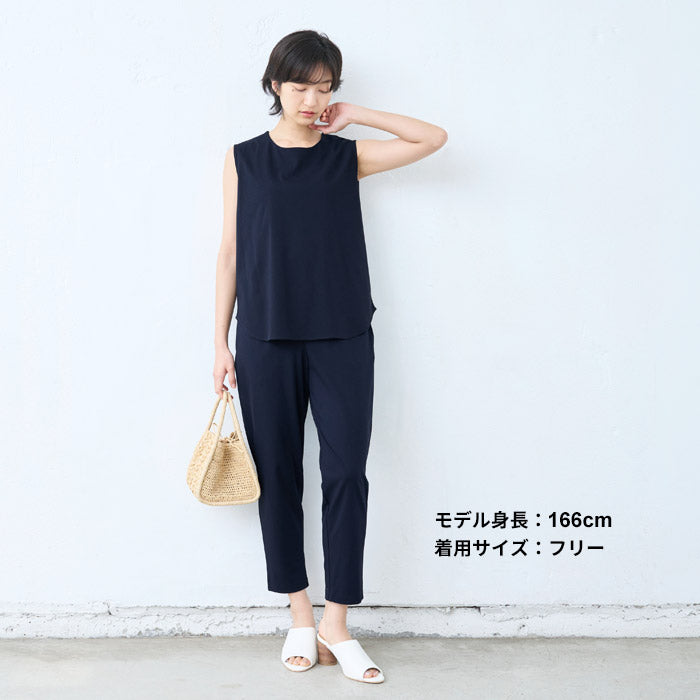 [接触冷感ノースリーブtシャツレディースカットソー]強撚コットン100%ノースリーブゆったりプルオーバー/日本製40代50代60代タンクトップ綿100涼しいカジュアル無地接触冷感夏
