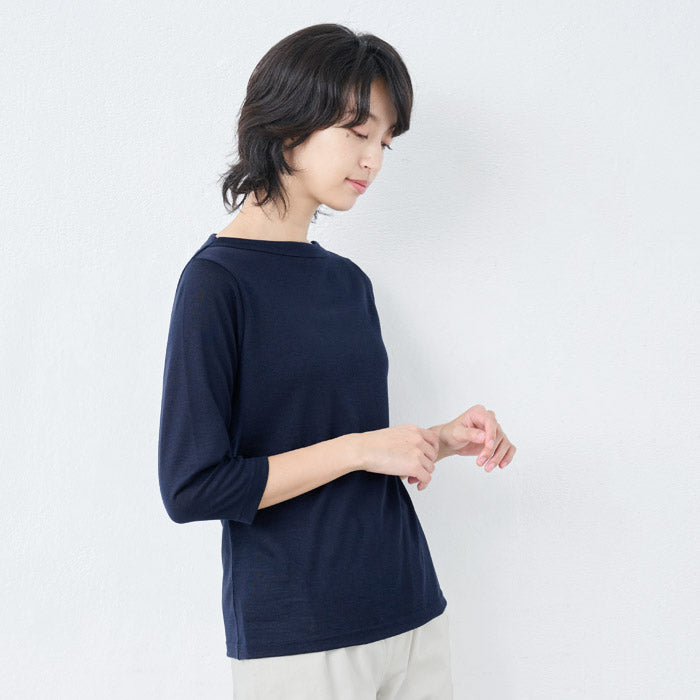 [カットソーレディース七分ボートネックウール]呼吸するウール100%ボートネック七分袖TシャツSOZAI/日本製メール便可40代50代60代女性ファッションウォッシャブルウールマウントブレス