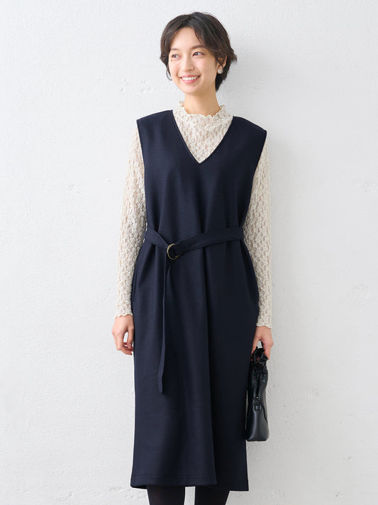 圧縮ウール100% ベルト付きワンピース