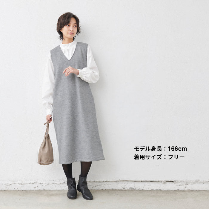 [ワンピース秋冬大人きれいめ]圧縮ウール100%ベルト付きワンピース/日本製40代50代60代女性ファッションロングワンピースジャンパースカートVネックノースリーブゆったり体型カバー