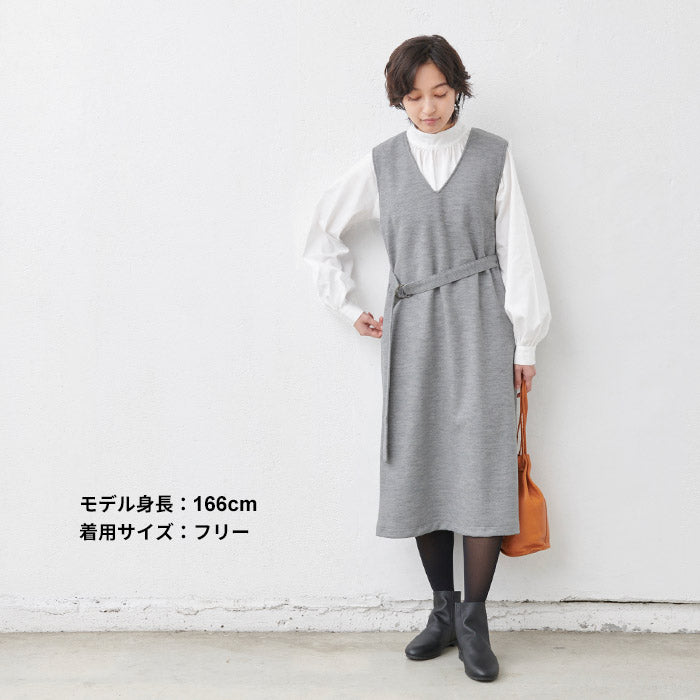[ワンピース秋冬大人きれいめ]圧縮ウール100%ベルト付きワンピース/日本製40代50代60代女性ファッションロングワンピースジャンパースカートVネックノースリーブゆったり体型カバー