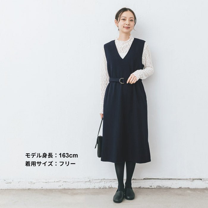 [ワンピース秋冬大人きれいめ]圧縮ウール100%ベルト付きワンピース/日本製40代50代60代女性ファッションロングワンピースジャンパースカートVネックノースリーブゆったり体型カバー