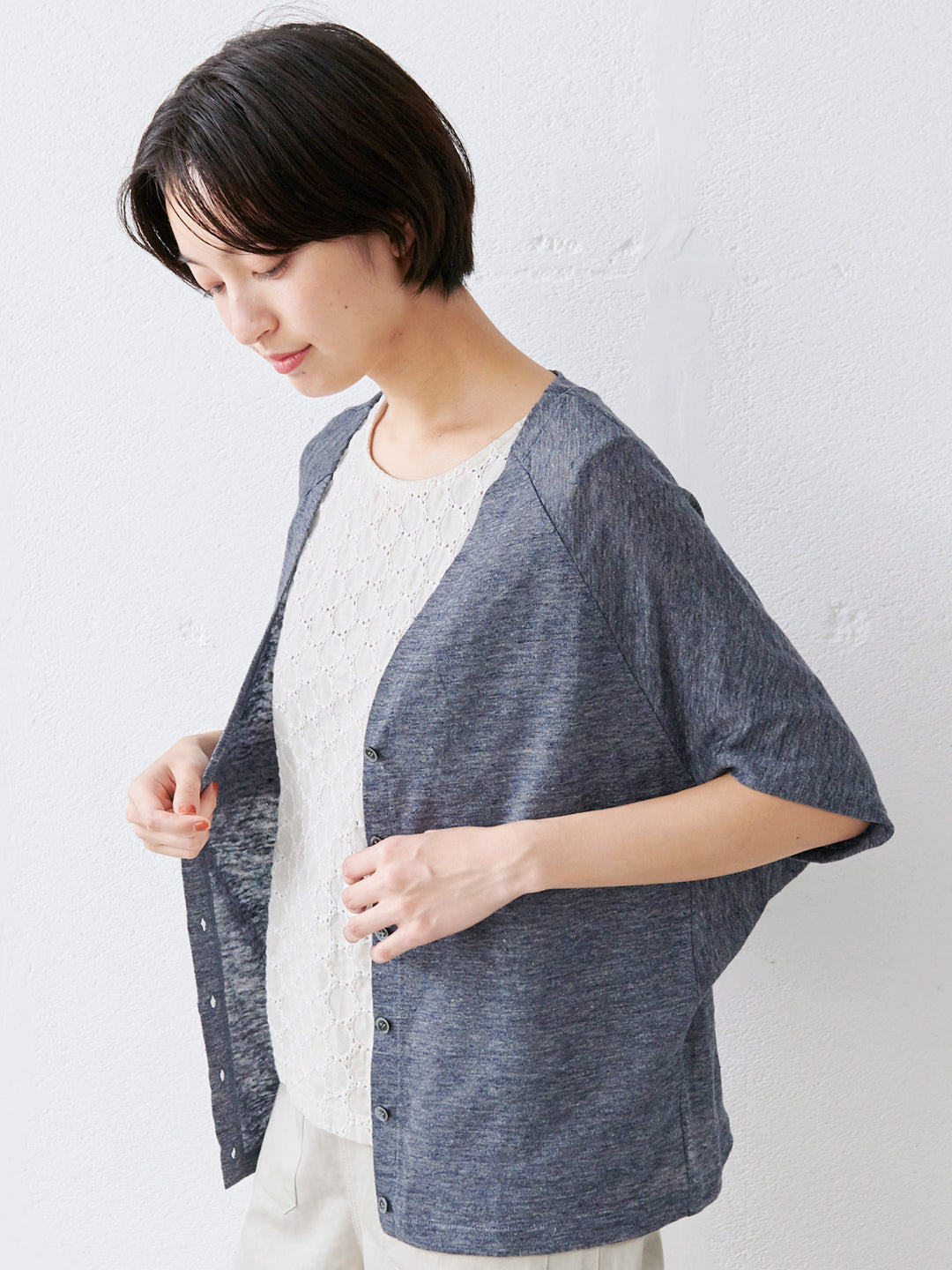 プレミアムリネン®100％ 半袖Vネックカーディガン