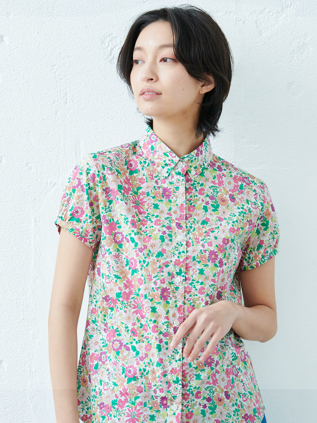 リバティプリント 半袖ボタンダウンシャツ