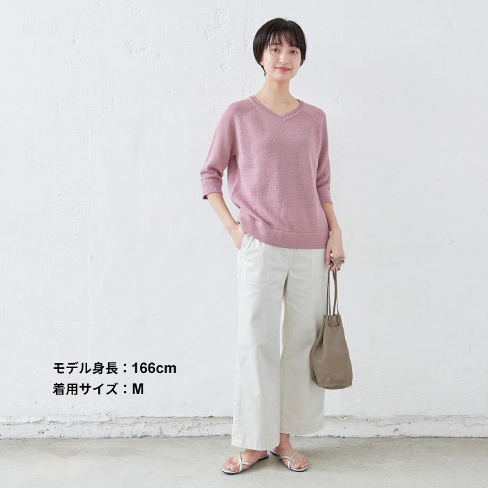 [サマーニットレディース七分]ギマコットン100％Vネックプルオーバー/日本製メール便可40代50代60代女性ファッション大人服ニット7分コットン擬麻コットンさらさら春夏秋カジュアル