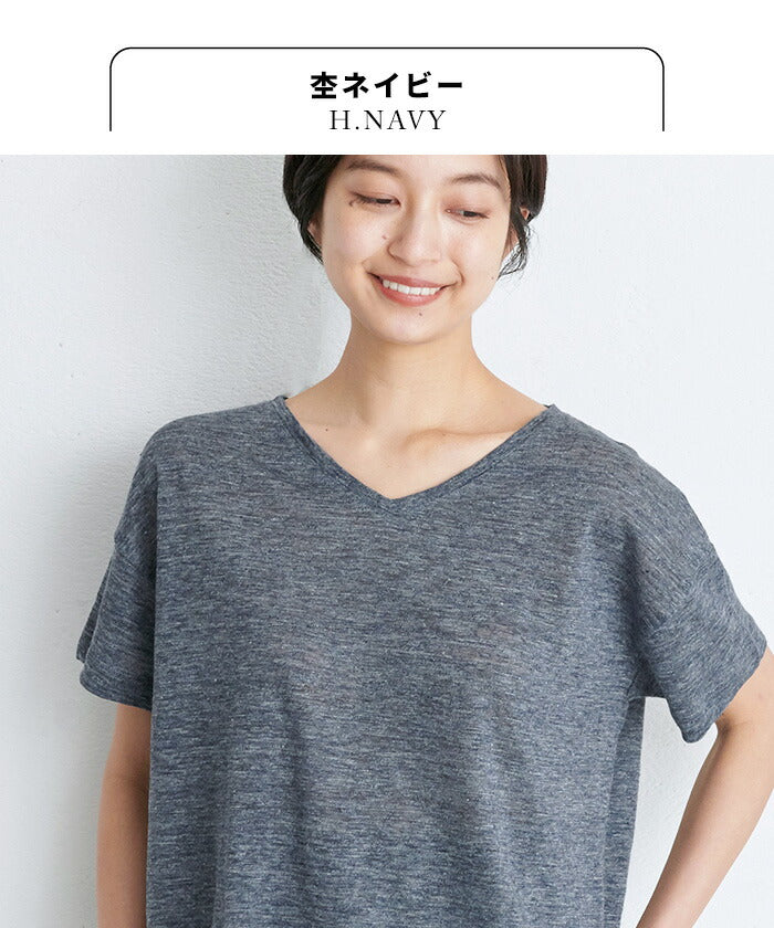 [カットソー半袖Vネックレディース]プレミアムリネン100％VネックTシャツ/日本製メール便可40代50代60代女性ファッションリネンドロップショルダープルオーバー麻100涼しい春夏