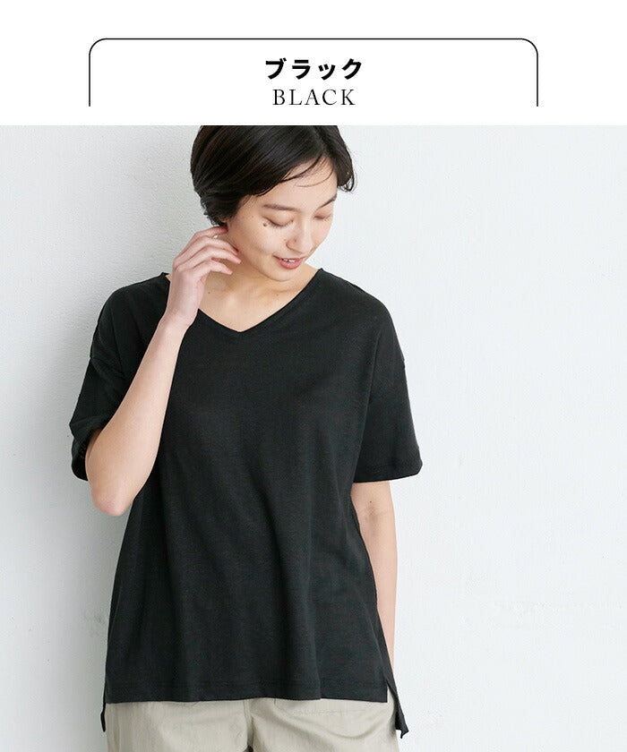 [カットソー半袖Vネックレディース]プレミアムリネン100％VネックTシャツ/日本製メール便可40代50代60代女性ファッションリネンドロップショルダープルオーバー麻100涼しい春夏