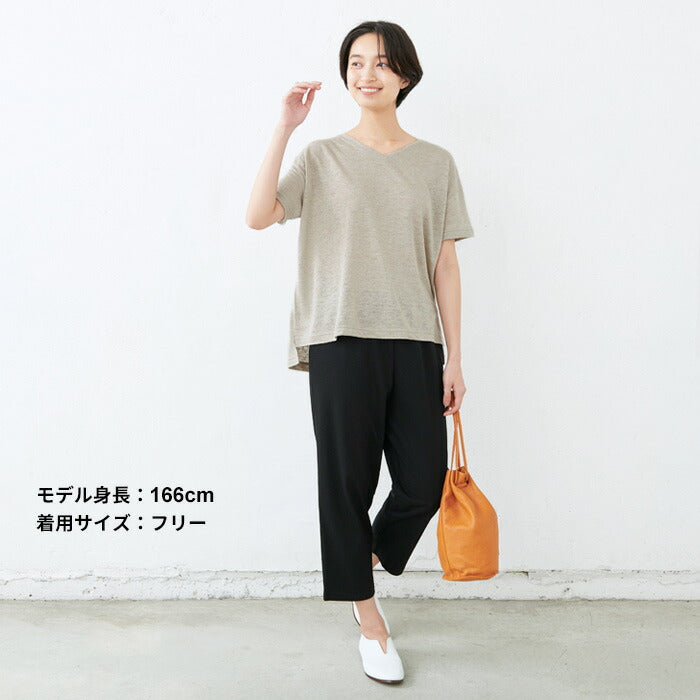 [カットソー半袖Vネックレディース]プレミアムリネン100％VネックTシャツ/日本製メール便可40代50代60代女性ファッションリネンドロップショルダープルオーバー麻100涼しい春夏