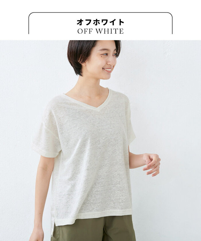 [カットソー半袖Vネックレディース]プレミアムリネン100％VネックTシャツ/日本製メール便可40代50代60代女性ファッションリネンドロップショルダープルオーバー麻100涼しい春夏