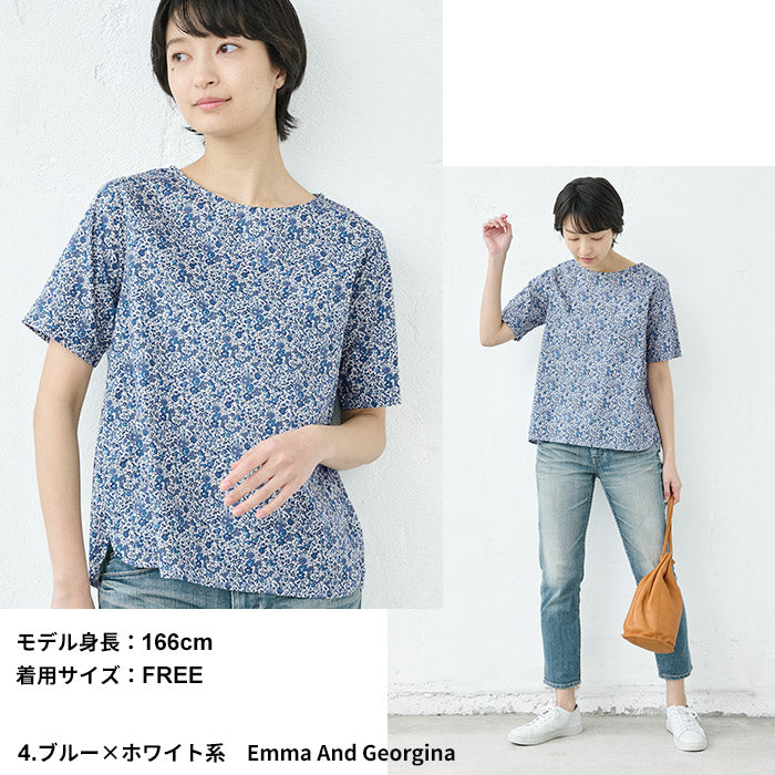 リバティプリント Tシャツブラウス ブルー×ホワイト系