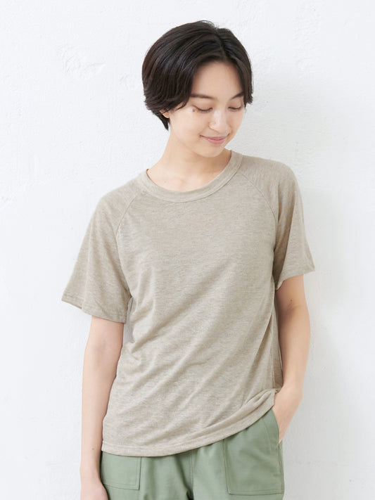プレミアムリネン100% ラグランクルーネック半袖 Tシャツ