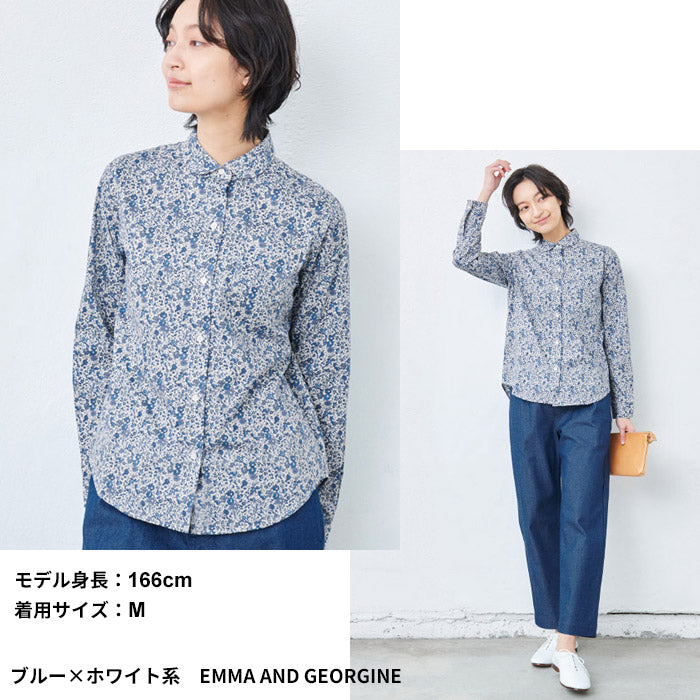 [リバティブラウス長袖]リバティプリントマルエリシャツ/日本製メール便可40代50代60代女性ファッションレディースシャツ丸襟花柄リバティーリバティ生地タナローンliberty