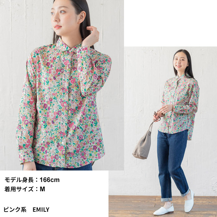 [リバティブラウス長袖]リバティプリントマルエリシャツ/日本製メール便可40代50代60代女性ファッションレディースシャツ丸襟花柄リバティーリバティ生地タナローンliberty