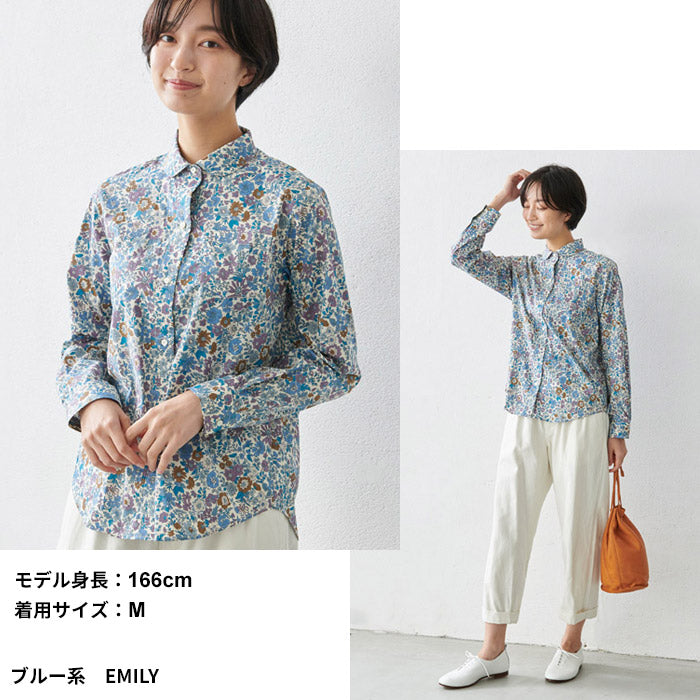 [リバティブラウス長袖]リバティプリントマルエリシャツ/日本製メール便可40代50代60代女性ファッションレディースシャツ丸襟花柄リバティーリバティ生地タナローンliberty
