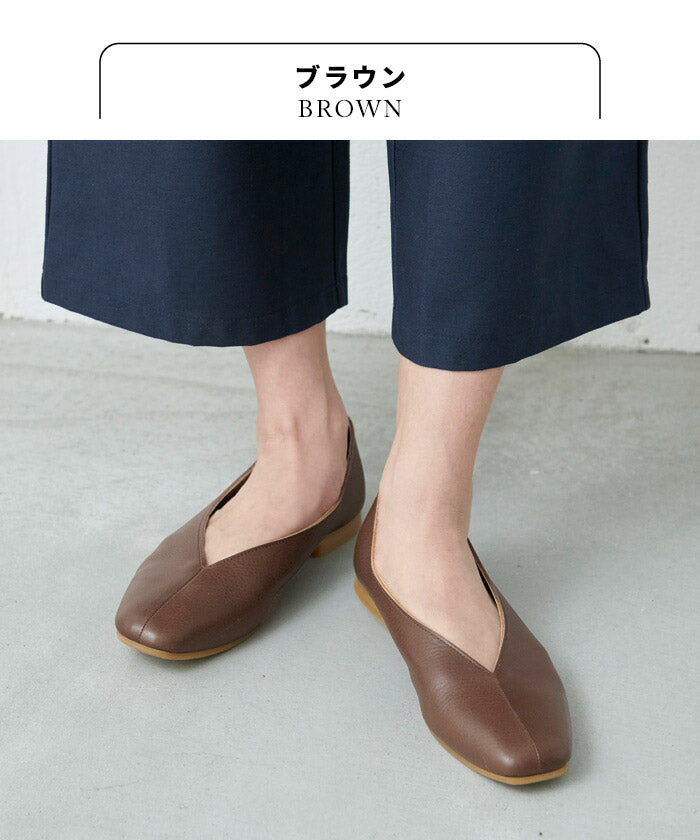 [スクエアトゥパンプスフラットシューズ]本革VカットスクエアシューズRecipe/日本製40代50代60代女性ファッション柔らかい革靴本革22.5～24.5cmコンフォートシューズVカットレシピ