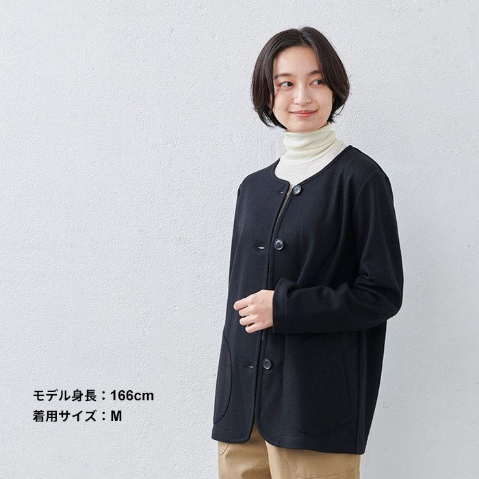 [ノーカラージャケットブルゾンレディース]圧縮ウール100%クルーネックブルゾン/日本製40代50代60代女性ファッションストレッチニットウール100％