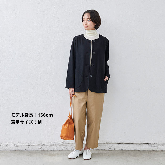 [ノーカラージャケットブルゾンレディース]圧縮ウール100%クルーネックブルゾン/日本製40代50代60代女性ファッションストレッチニットウール100％