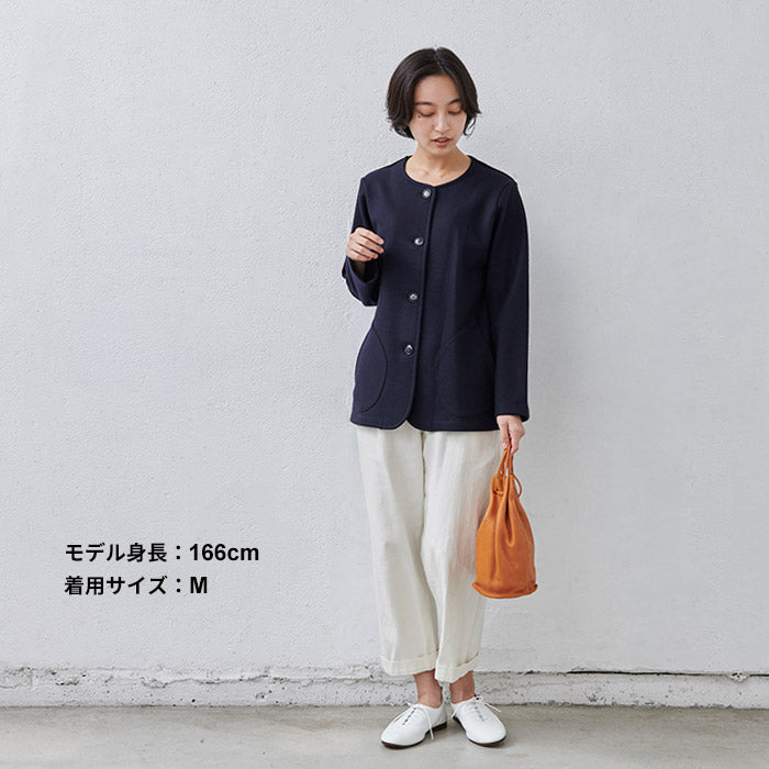 [ノーカラージャケットブルゾンレディース]圧縮ウール100%クルーネックブルゾン/日本製40代50代60代女性ファッションストレッチニットウール100％