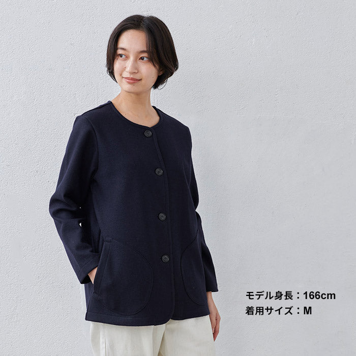 [ノーカラージャケットブルゾンレディース]圧縮ウール100%クルーネックブルゾン/日本製40代50代60代女性ファッションストレッチニットウール100％