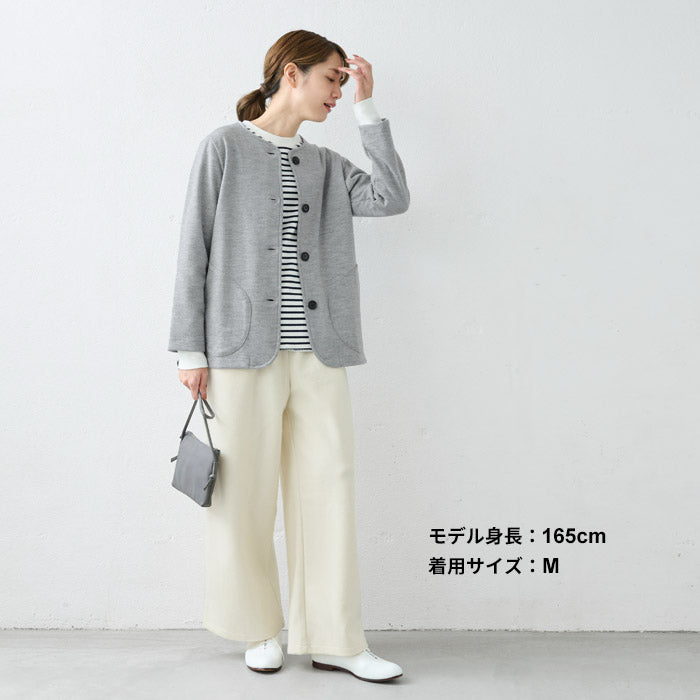 [ノーカラージャケットブルゾンレディース]圧縮ウール100%クルーネックブルゾン/日本製40代50代60代女性ファッションストレッチニットウール100％