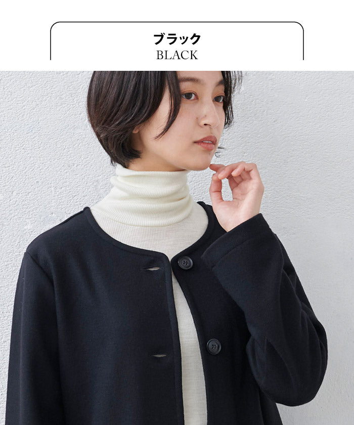 [ノーカラージャケットブルゾンレディース]圧縮ウール100%クルーネックブルゾン/日本製40代50代60代女性ファッションストレッチニットウール100％