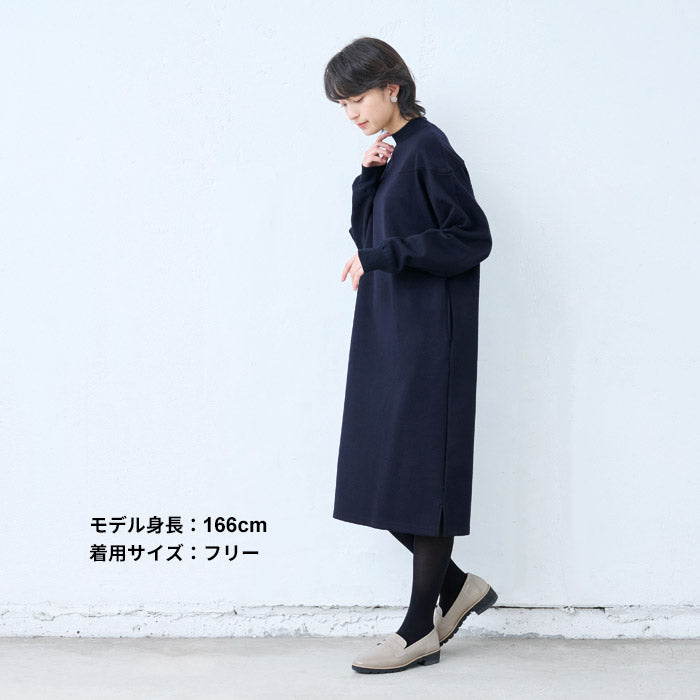 [ワンピース秋冬きれいめ長袖]圧縮ウール100%リブ使いワンピース/日本製40代50代60代30代女性ファッションサイドスリットハイネックウール100％カジュアルフォーマル暖かいストレッチ顔合わせセレモニー