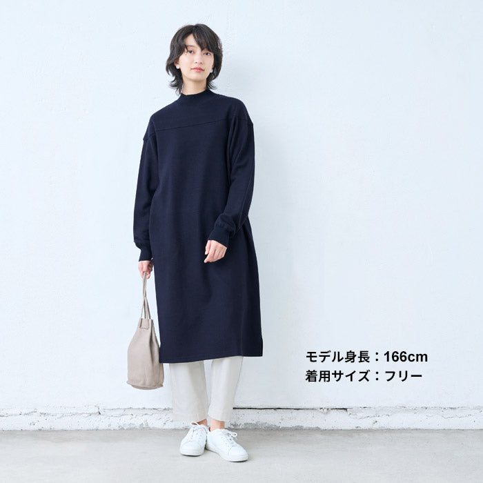 [ワンピース秋冬きれいめ長袖]圧縮ウール100%リブ使いワンピース/日本製40代50代60代30代女性ファッションサイドスリットハイネックウール100％カジュアルフォーマル暖かいストレッチ顔合わせセレモニー