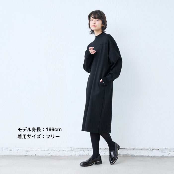 [ワンピース秋冬きれいめ長袖]圧縮ウール100%リブ使いワンピース/日本製40代50代60代30代女性ファッションサイドスリットハイネックウール100％カジュアルフォーマル暖かいストレッチ顔合わせセレモニー
