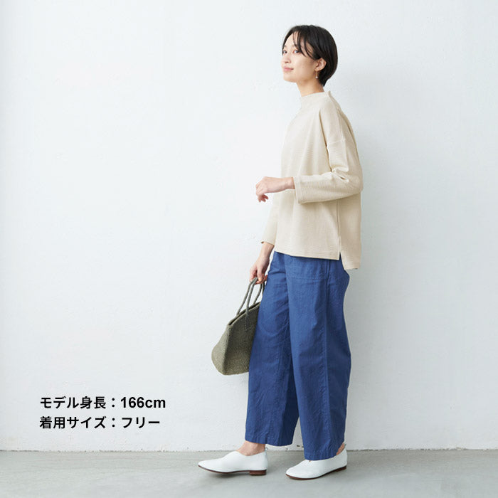 [トレーナー長袖レディース]ウェーブコットンワッフルトレーナー/日本製30代40代50代60代女性ファッション綿100％体系カバー華奢見えゆったりきれいめモックネックプルオーバー