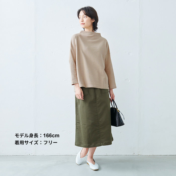 [トレーナー長袖レディース]ウェーブコットンワッフルトレーナー/日本製30代40代50代60代女性ファッション綿100％体系カバー華奢見えゆったりきれいめモックネックプルオーバー