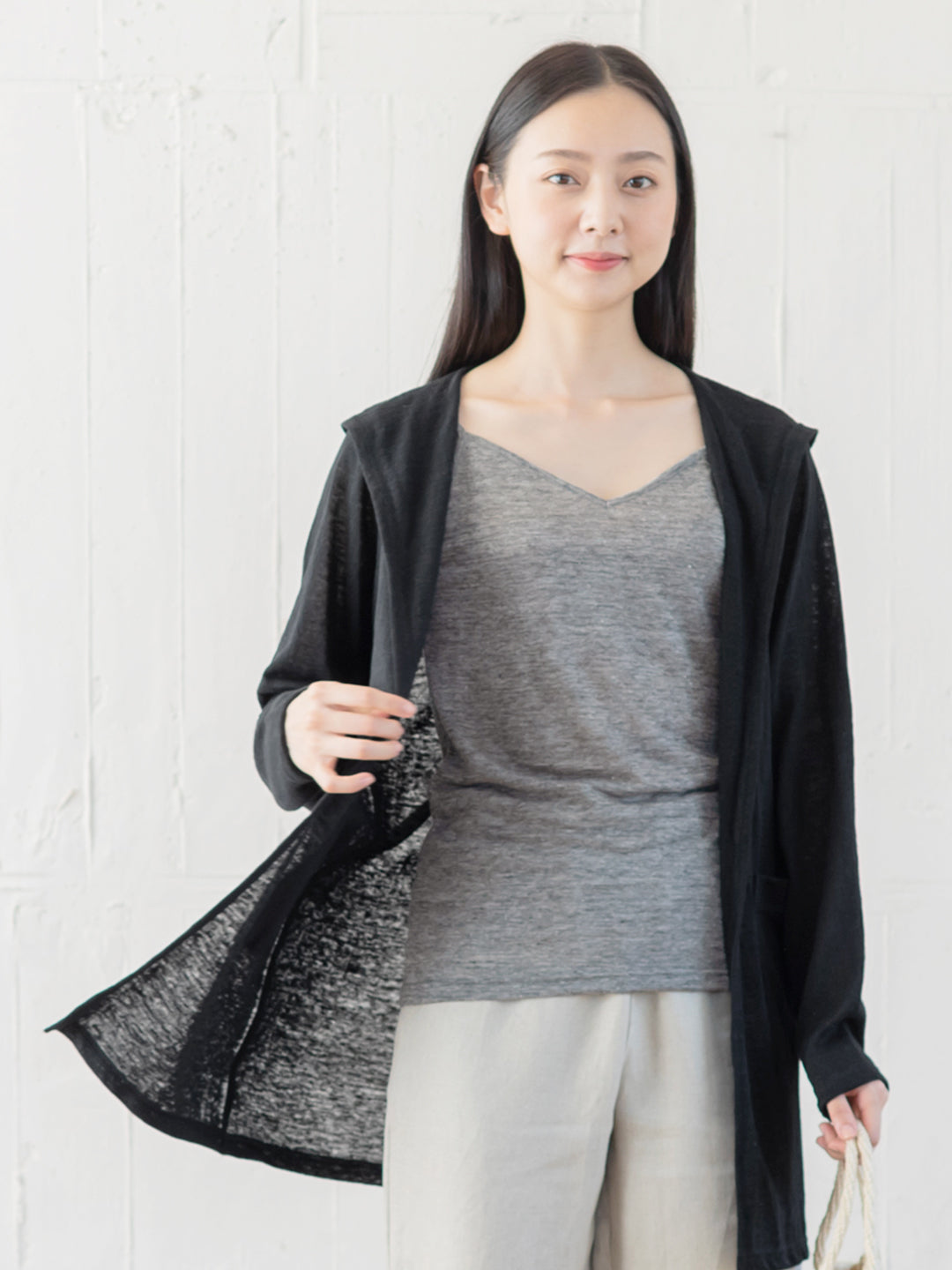 プレミアムリネン100％ 着流しパーカー ロングカーディガン