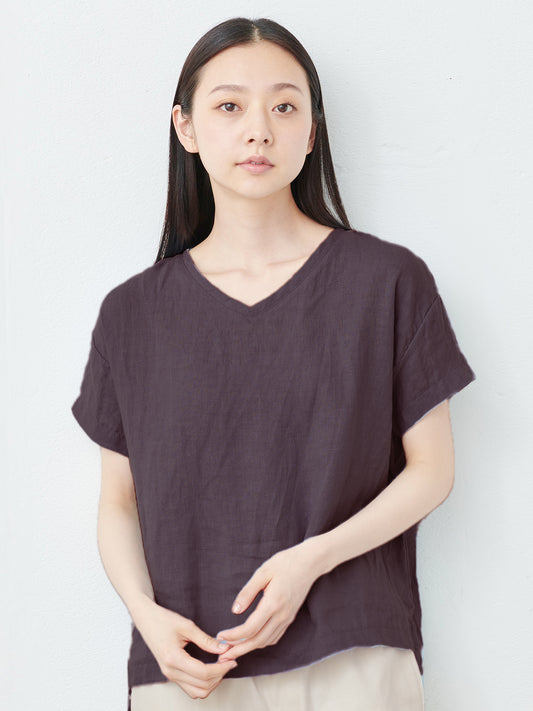 【訳あり大特価 アウトレット品】フレンチリネン100%Vネックブラウス (飛び込み・織りキズあり)