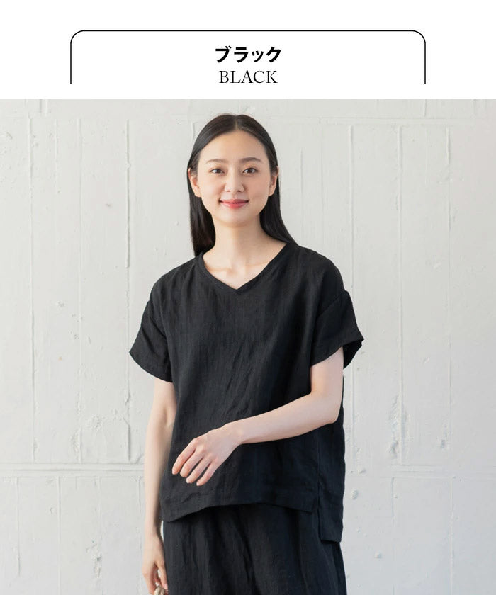 [パジャマレディース半袖ルームウェア上下セット]フレンチリネン100%Vネックプルオーバー+ペチパンツ2点セット/日本製メール便可40代50代60代30代女性ファッション部屋着夏麻100リネン100％涼しい速乾抗菌